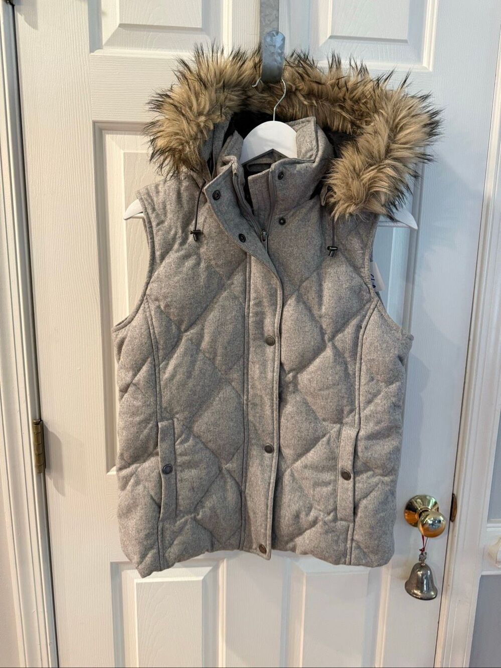 Lands End Gray Wool Blend Quilted Fur Trimmed Vest sz S 4-6 EUC